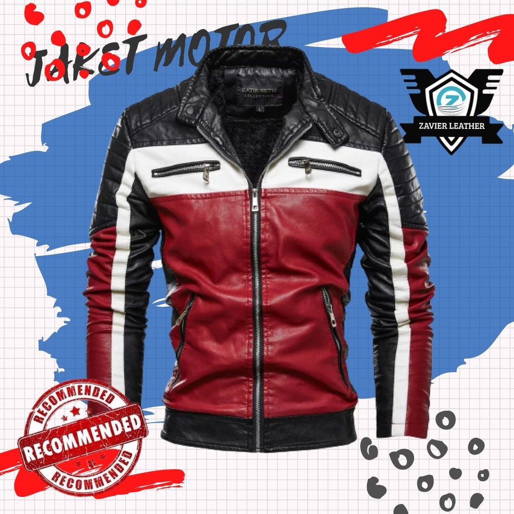 jaket kulit pria motor atau jaket cowok kulit sintetis kombinasi merah hitam premium