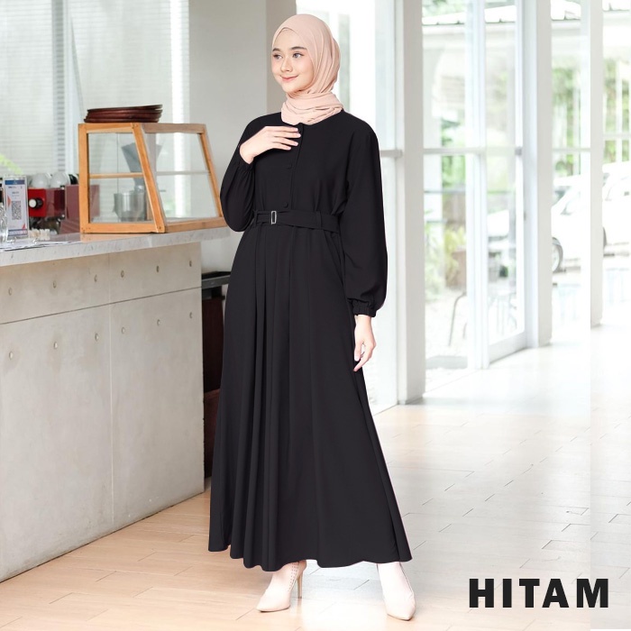 Gamis Terbaru Long Aluna Maxi Dress Kondangan Wanita Muslim Syari Remaja Murah Kekinian Terbaru 2021 BUSUI BUMIL DRESS MOSCREPE-HITAM+BELT