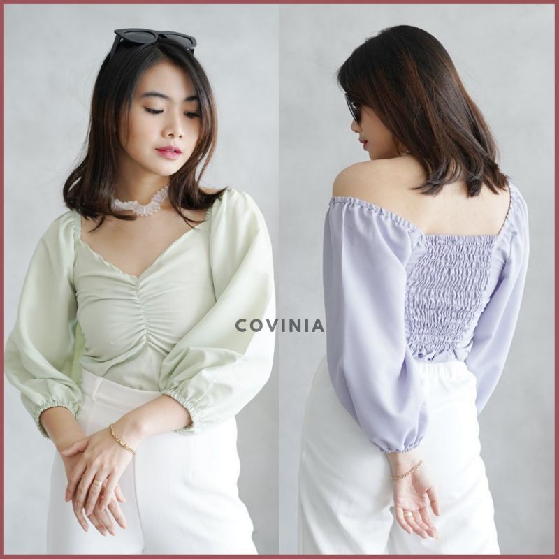 Covinia Lily Puff Top Baloon V neck Blouse Serut Hits Sabrina Wollycrepe  -  CRG201098