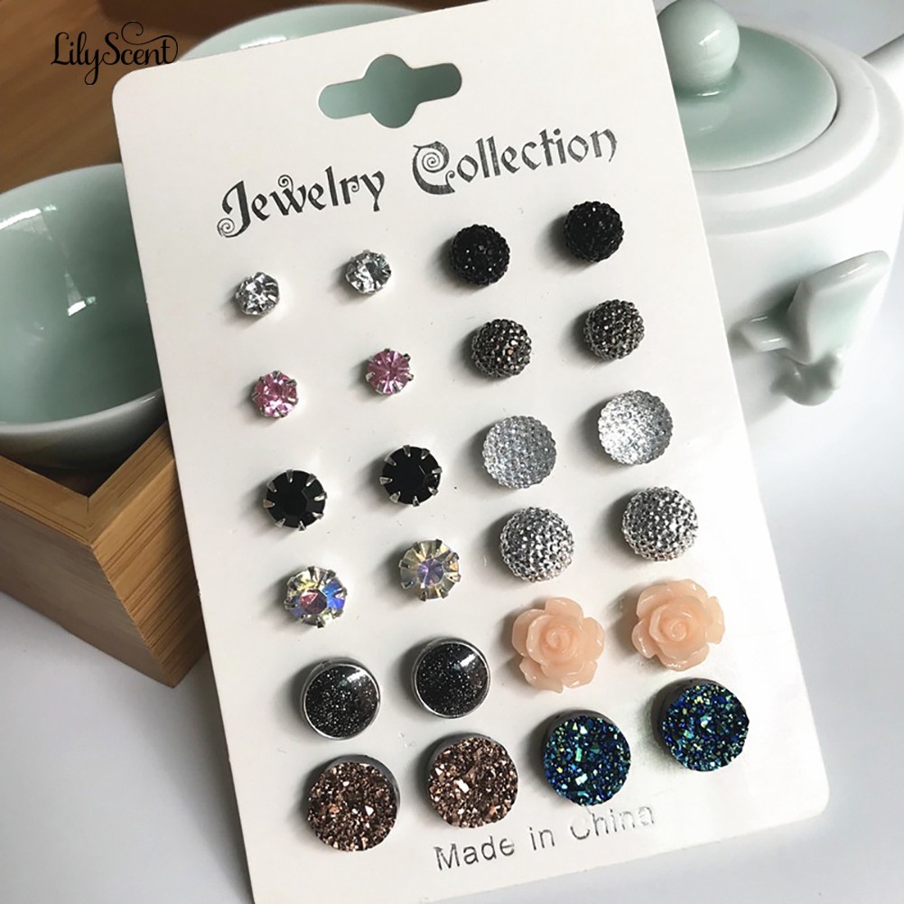 12 Pasang / Set Anting Tusuk Berlian Imitasi Bentuk Bunga Lily