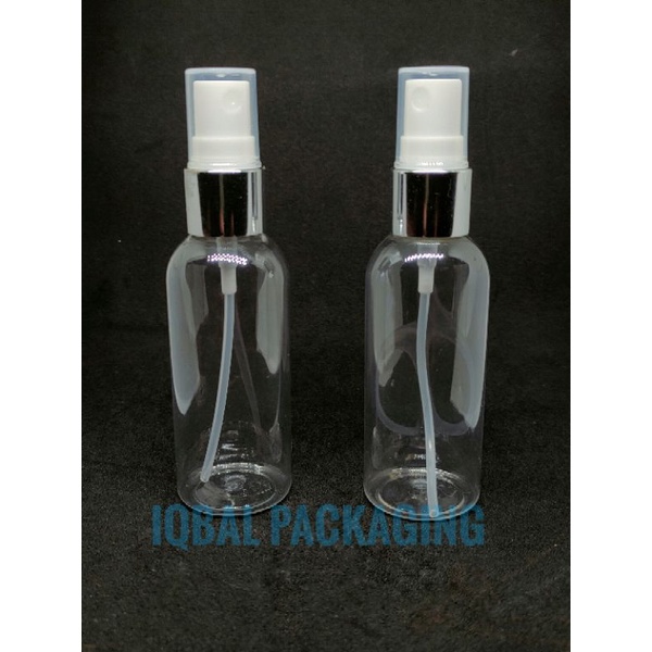Botol serum PET 60 ml natural tutup spray half cup silver