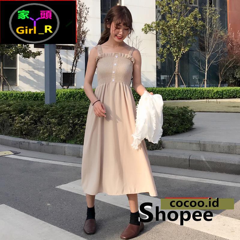 \u2764Girlmaid\u2764 Dress Midi Korea Square Neck Tanpa Lengan Rok A-Line Lipit Warna Polos untuk Wanita