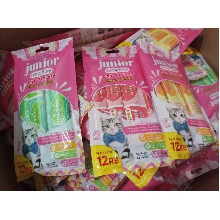 makanan kucing JUNIOR CREAMY TREATS CAT CHICKEN / SALMON / TUNA 4X15GR