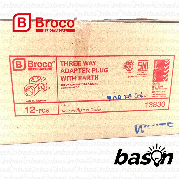 BROCO 13830 STD 3-Way Adapter Plug White - Steker T Arde