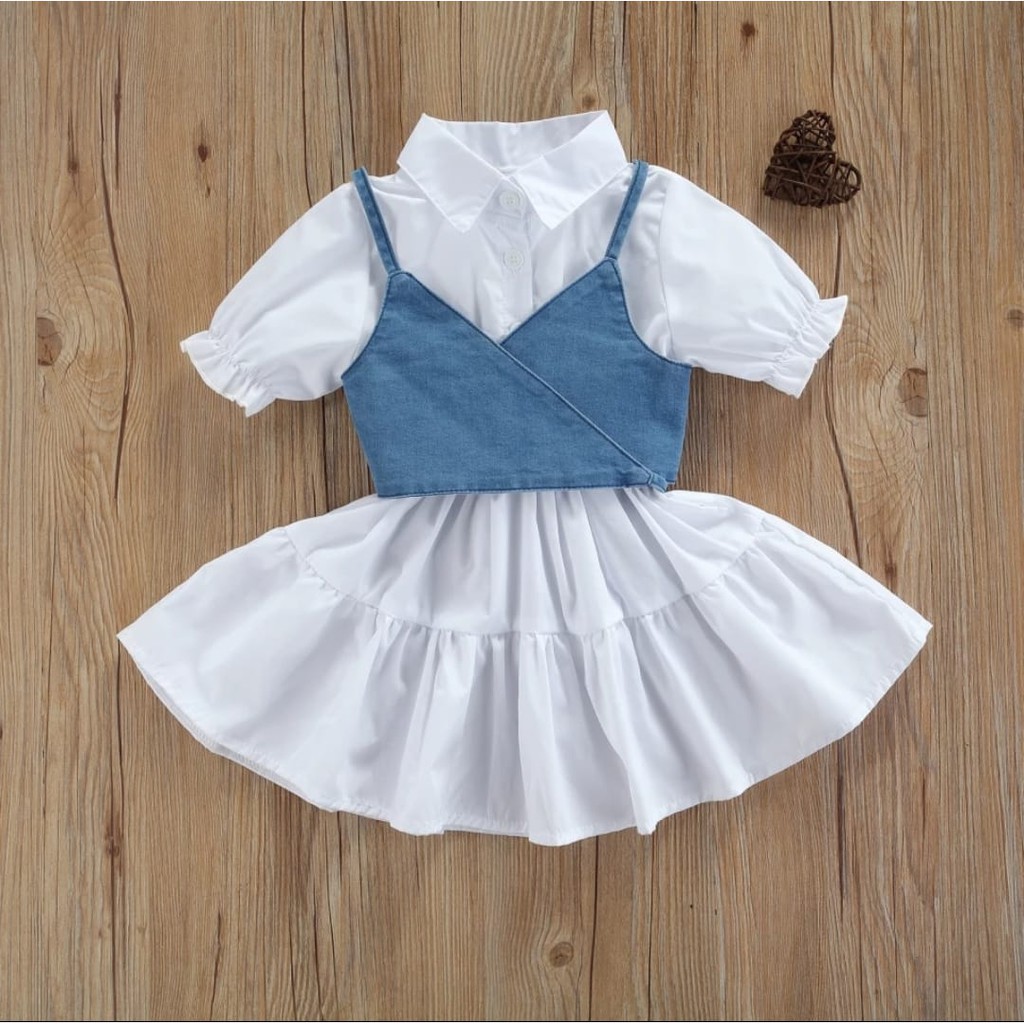 QFS - DREE ANAK PEREMPUAN / DRESS KIARA COMBI ROMPI JEANS / TERBARU