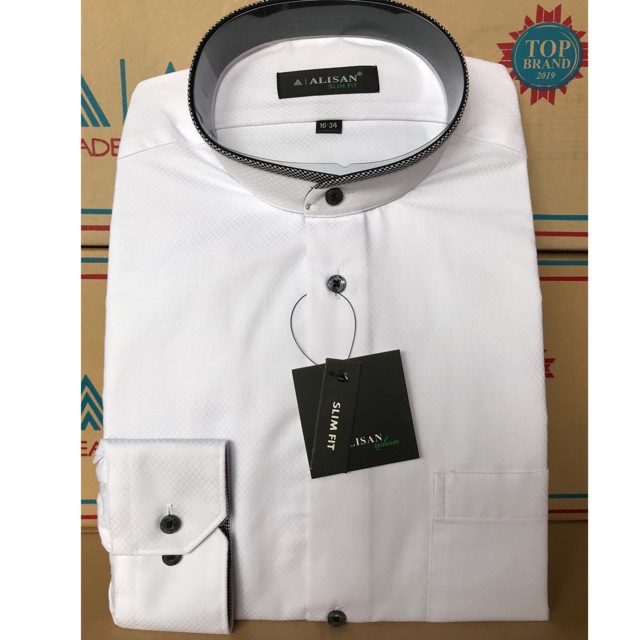 Kemeja Alisan SLIM FIT Doby Kerah Koko Putih Tangan Panjang