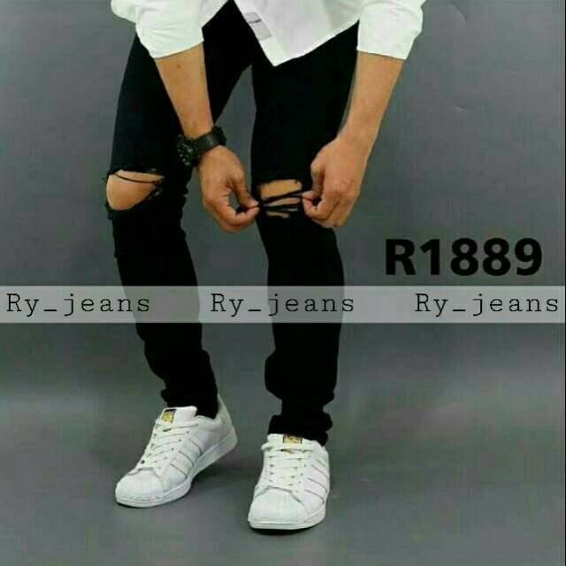 CELANA JEANS SOBEK LUTUT PRIA CELANA PANJANG HITAM PRIA RIPPED JEANS SLIMFIT STREET