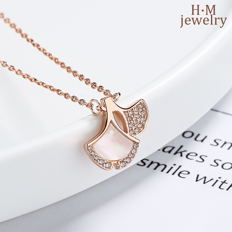 Kalung Rantai Klavikula S925 Silver Bentuk Daun Ginkgo Kipas Kecil Warna Pink