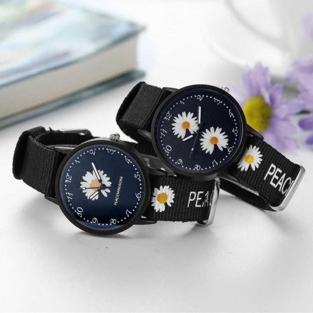 PA Jam Tangan Wanita Bunga Quartz Analog Motif Bunga Daisy Bahan Nilon Kanvas Women Watch Couple Pria JT002