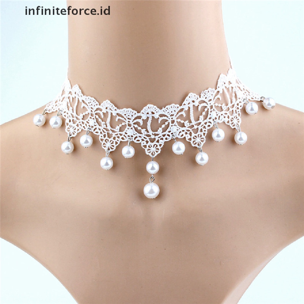 Kalung Choker Bahan Lace Aksen Mutiara Untuk Wanita