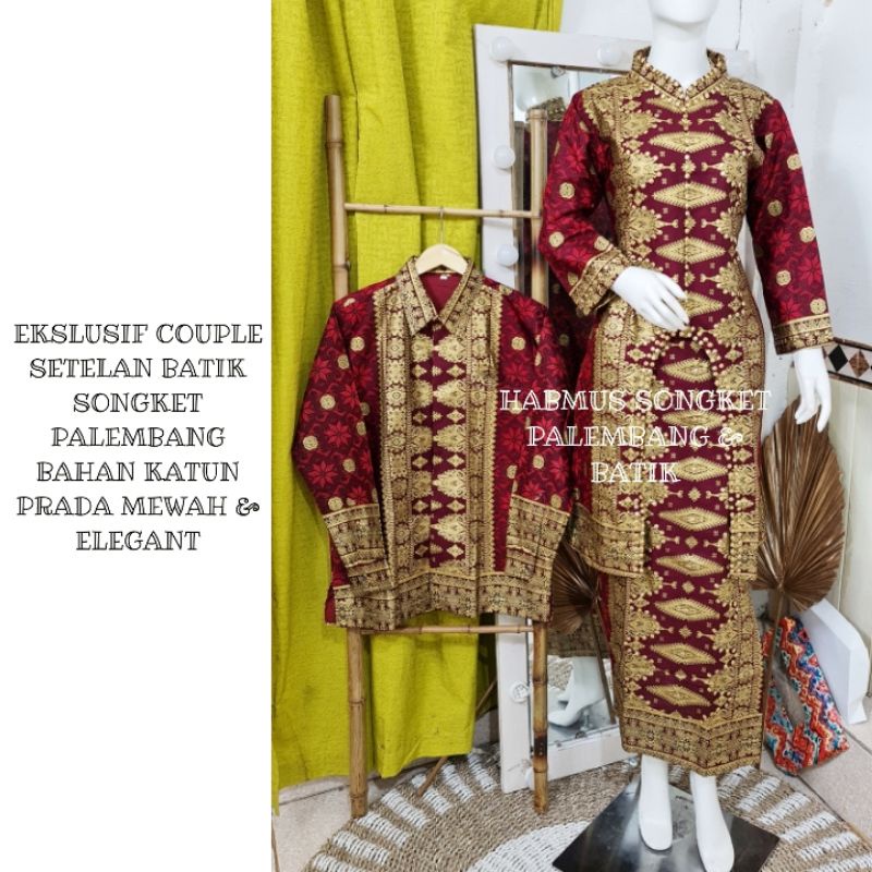 setelan couple batik songket palembang maron gold