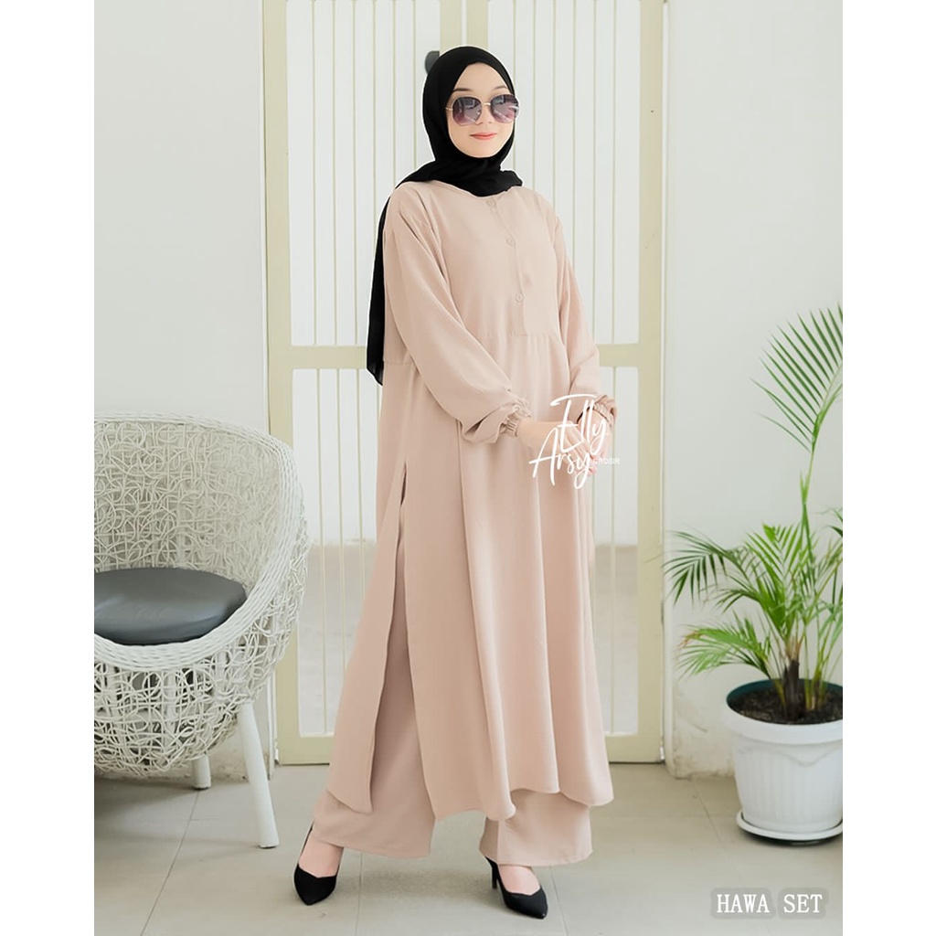 Setelan kerja tunik celana hanna hawa alia one set crinkle malay super flowly busana kerja muslimah terbaru hangout komunitas homedress nyaman setelan celana kerja baju wanita muslim air flow crinkle