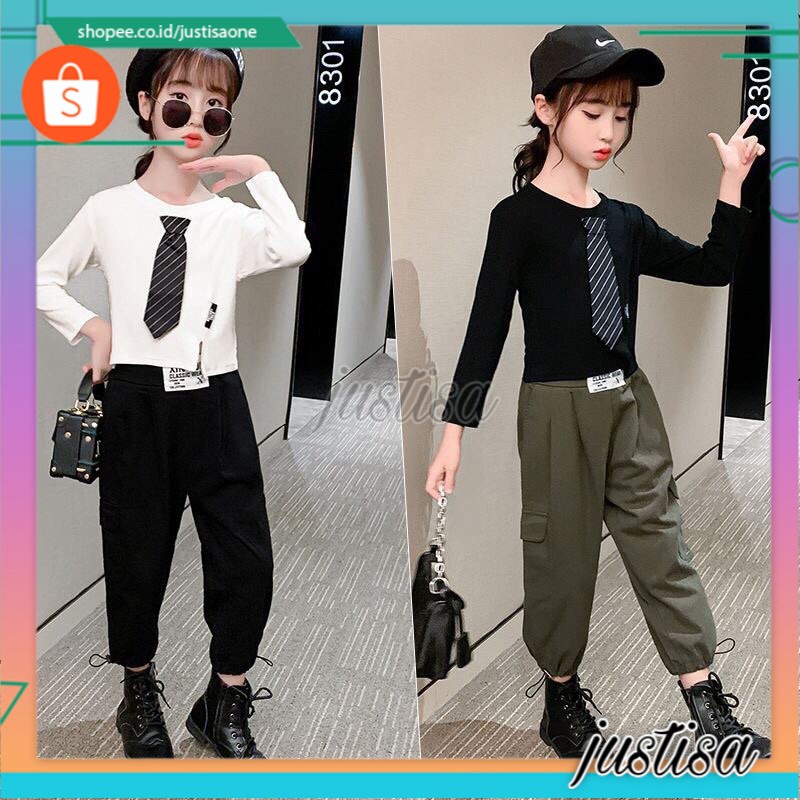 Promo !! Setelan baju premium anak cewek - setelan modern dasi cute uk 4-7th (HITAM ONLY) .