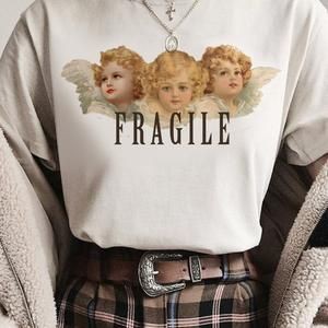 Fragile T-shirt | Kaos T-shirt Longgar Lengan Pendek Versi Aesthetic Motif Print Untuk Musim Panas