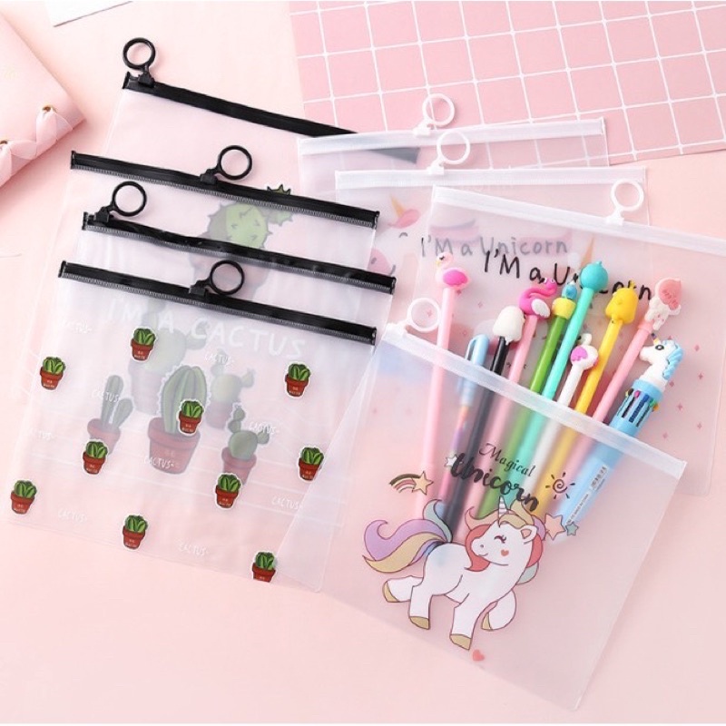 Tempat Pensil Transparan Unicorn &amp; Pink Panther / Map File Unicorn / Zipper Bag