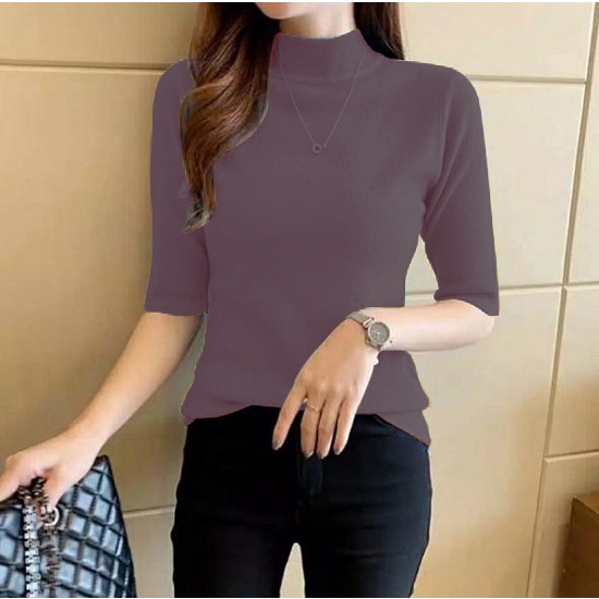 HOPYLOVY Blouse Rajut Turtleneck Wanita Lengan 3 per 4 Rafika-BURGUNDY