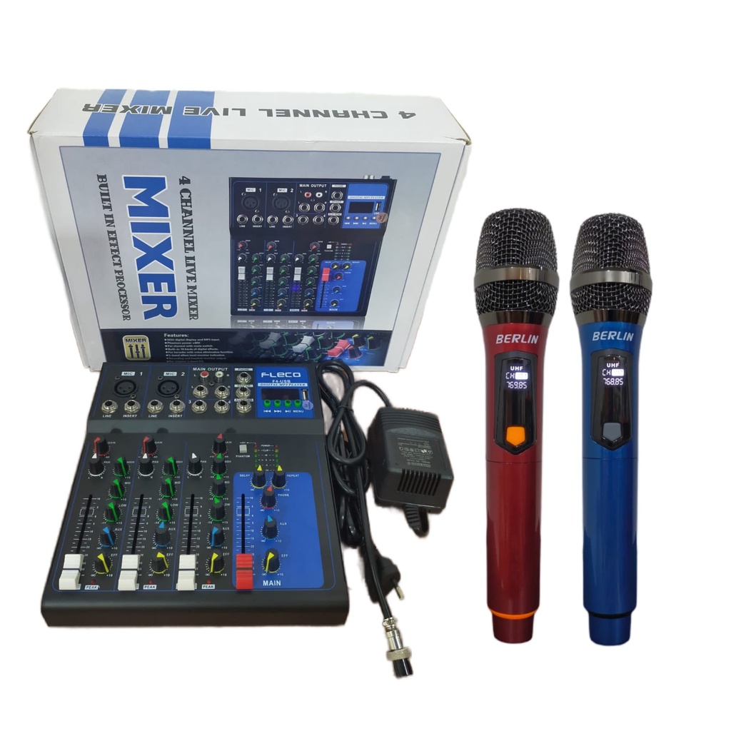 PAKET MIC WIRELESS MIXER FLECO F4 BLUETOOTH  4 CH