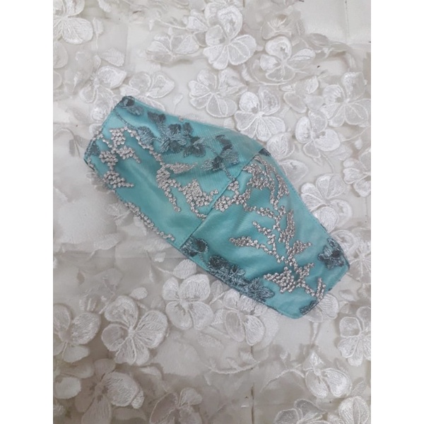 Masker Kain Brokat Premium Pesta| Satin Hijau Tosca Muda