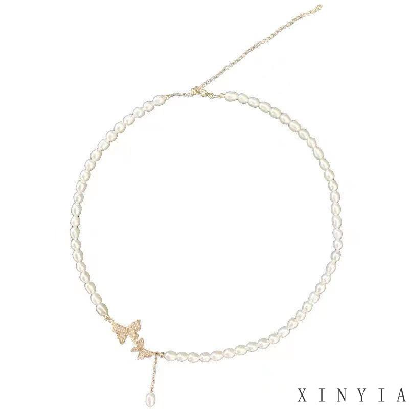 【Bayar di tempat】Kalung Choker Rantai Klavikula Hias Manik-Manik Kupu-Kupu Kristal Mutiara Untuk Wanita