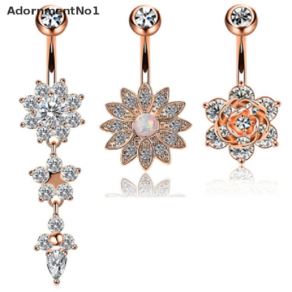 (AdornmentNo1) 6pcs / Set Anting Tindik Perut / Pusar Model Gantung Bahan Stainless Steel Hias Kristal Untuk Wanita