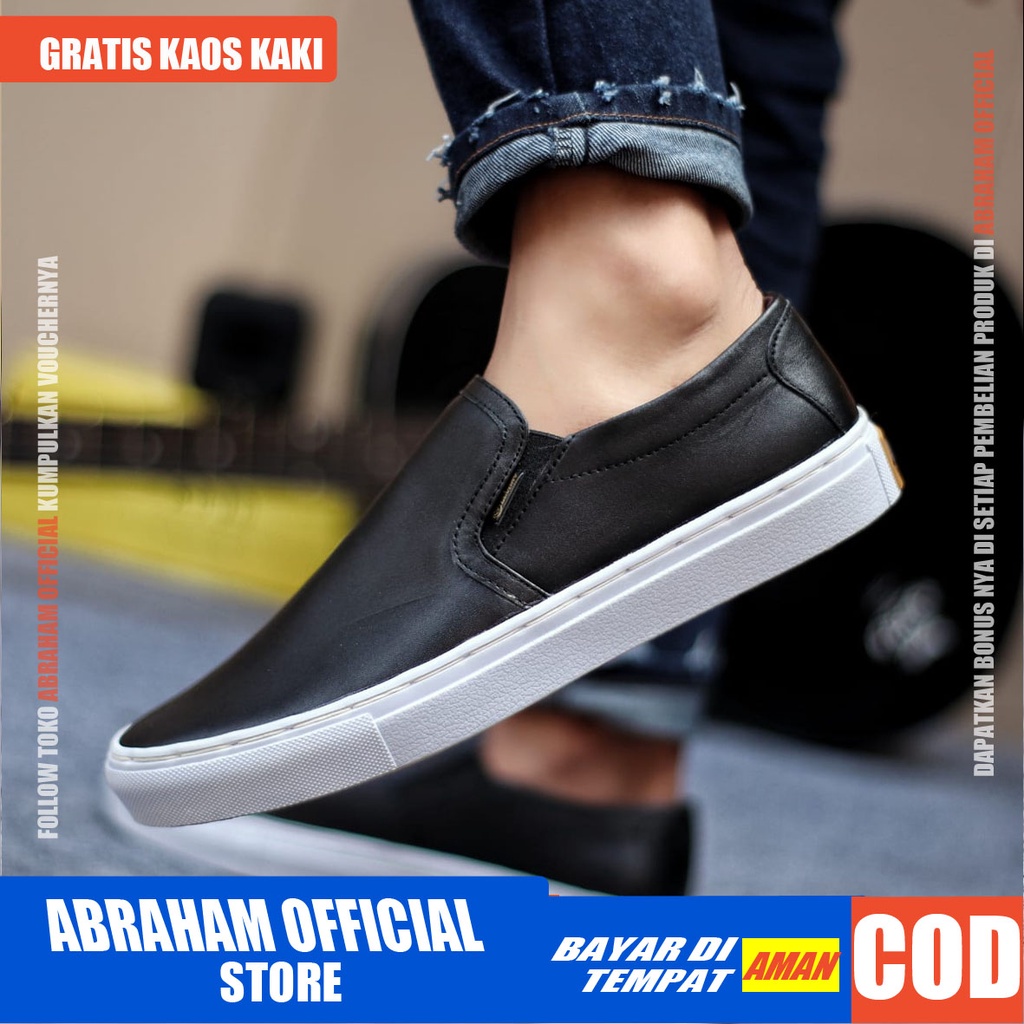 ABRHM x MORI Sepatu Slip On Pria Sepatu Pria Casual Sepatu Cowok/Cowo Kulit Asli Ori Sepatu Kasual Slop Anti Slip Semi Formal Kerja Kuliah Gaya Santai Keren Kekinian Original Murah Terlaris