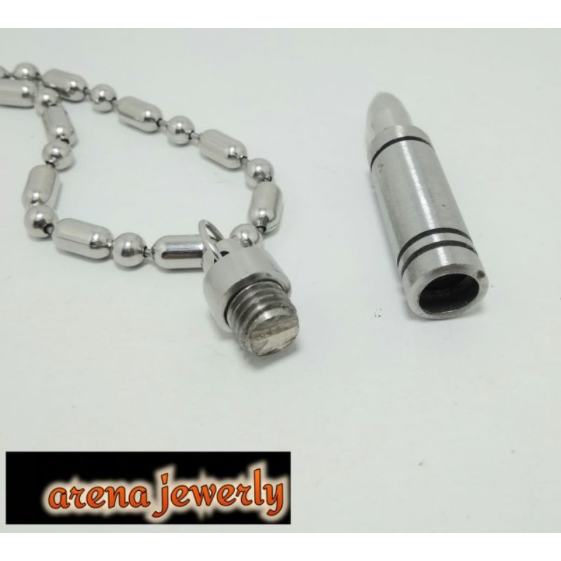 Kalung. Kalung Baja Putih Model Bambu 6mm Plus Liontin Peluru Drat Besar. Kalung Pria Wanita