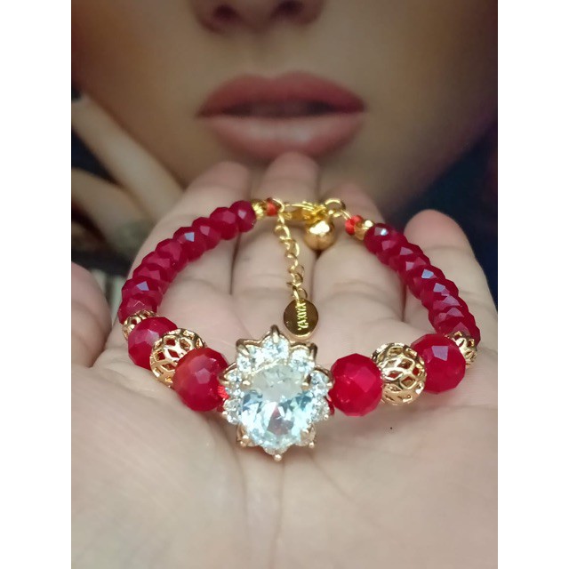 Gelang kristal merah model pandora oval