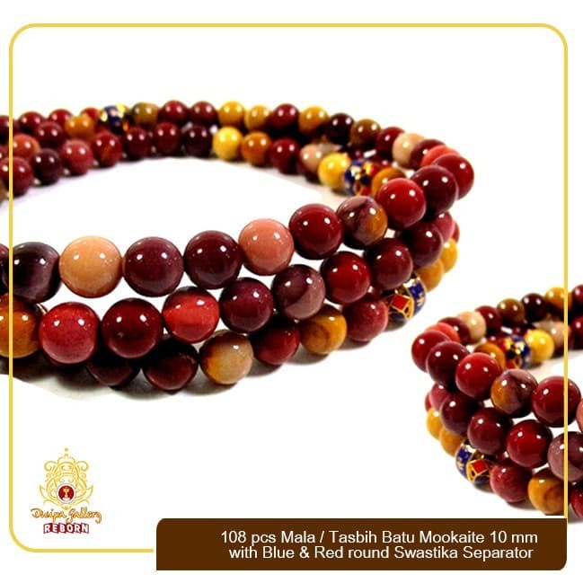 108 Pcs Mala/Tasbih Batu Mookaite 10 mm with Blue &amp; Red round swastika