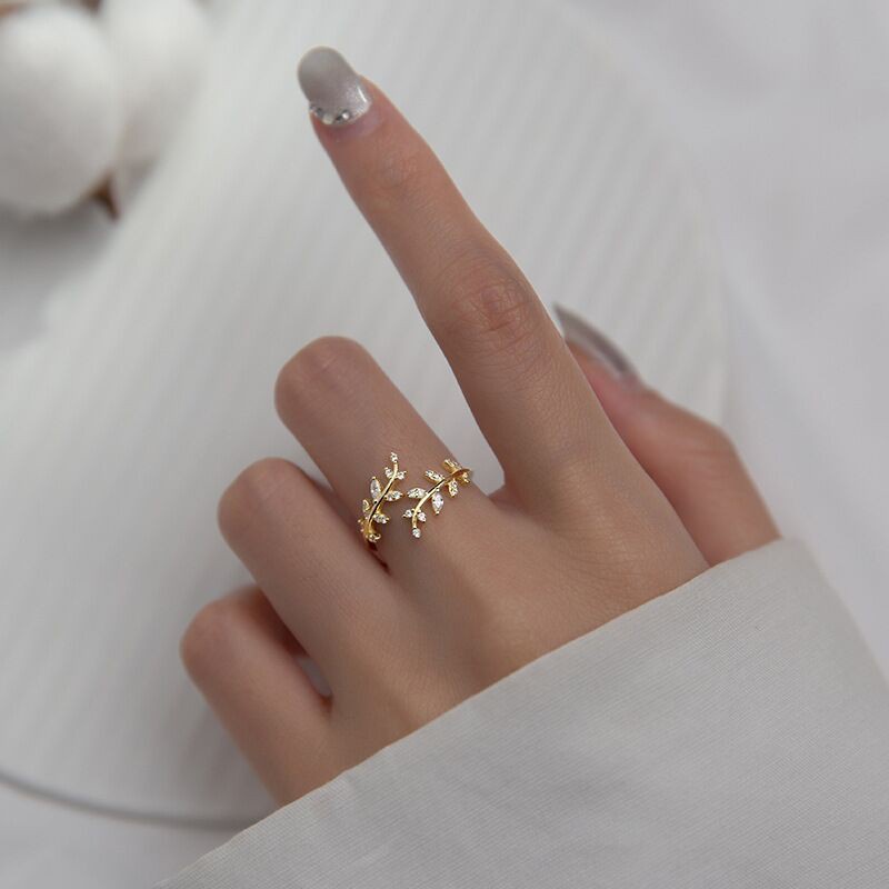 Cincin Korean Fashion Tail Ring Zircon Leaves Open Ring 925 Silver Adjustable Ring