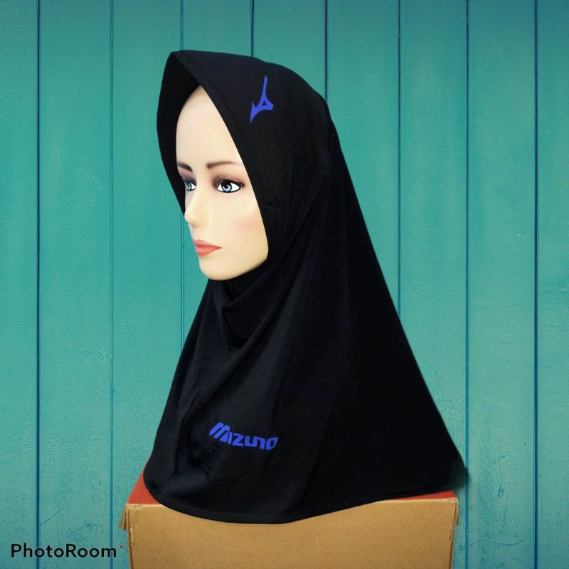 Hijab Sport Hijab Instan Sport Kerudung Olahraga Volly, Bersepedah, Joging Berlogo MIZUNO-Hitam lis biru