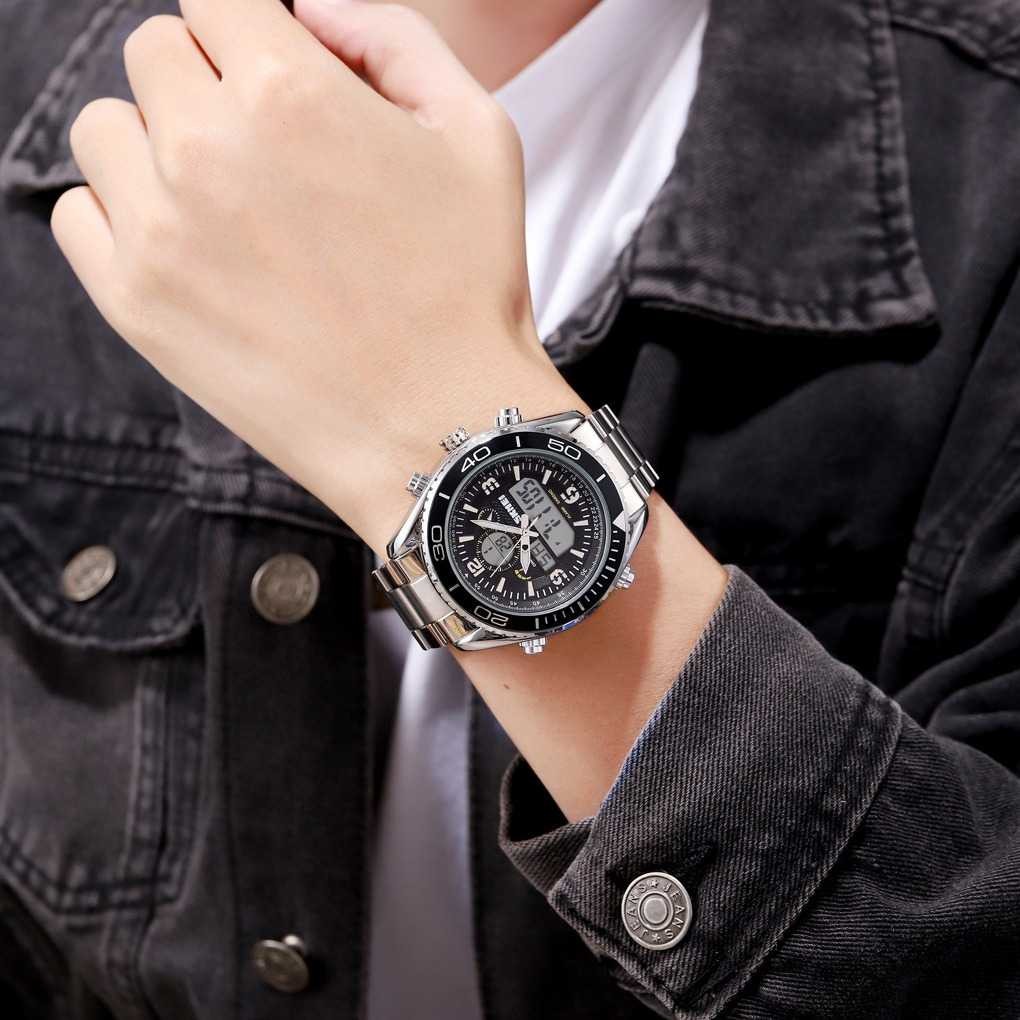 Jam Tangan Pria Dual Time SKMEI Men Stainless Sport LED Original AD1600 Silver-3