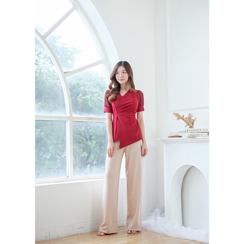 COTTONBELLS ATASAN CASUAL WANITA SCUBA KEIZA PLAID V TIED TOP (AL - B 12583)-2