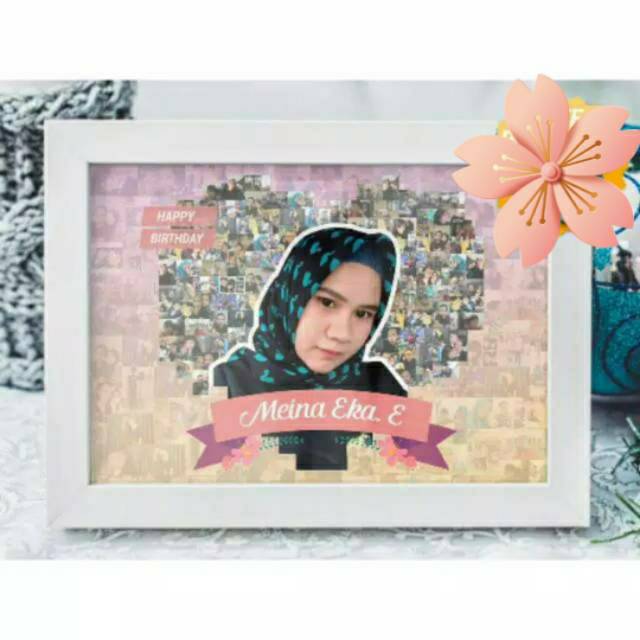 Frame kaca + desain + cetak foto mozaik hadiah kado custom ulang tahun wedding wisuda aniversari