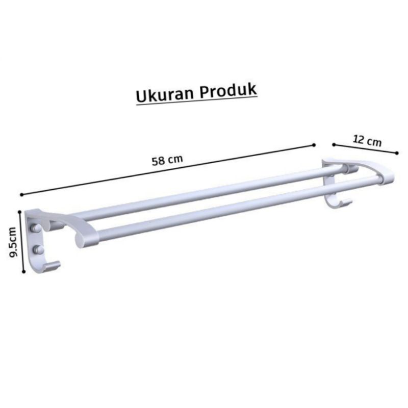 Rak Handuk 2 Baris Alumunium 60 Cm Gantungan Dinding Rak Kamar Mandi Double Aluminium Anti Karat