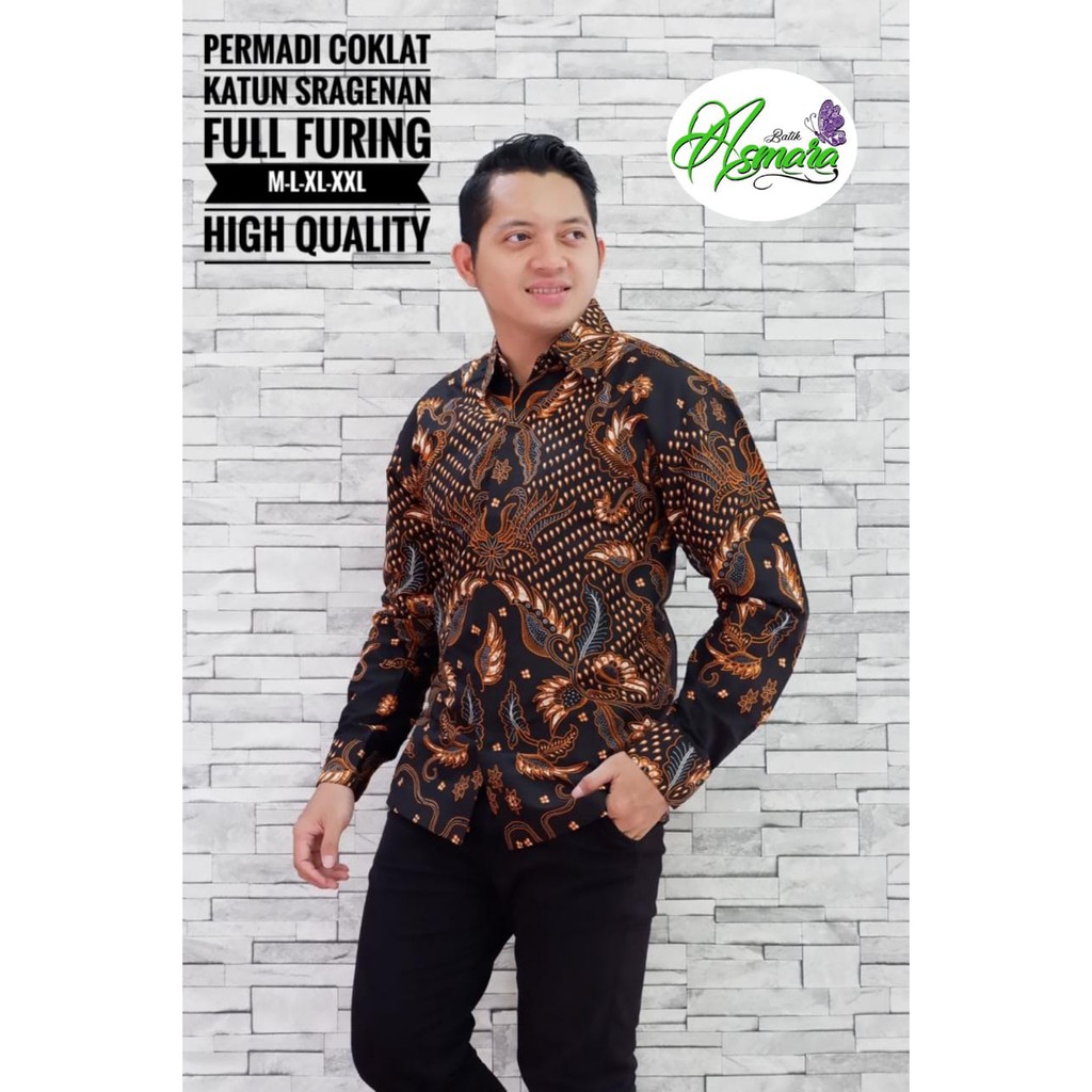 PERMADI COKLAT Kemeja Batik Pria Lengan Panjang Katun Halus FULL FURING Batik Asmara