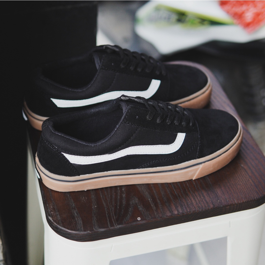 BISA COD !!! SEPATU PRIA CASUAL SNEAKERS VANS OLDSKOOL MOTIF BLACK GUM MURAH