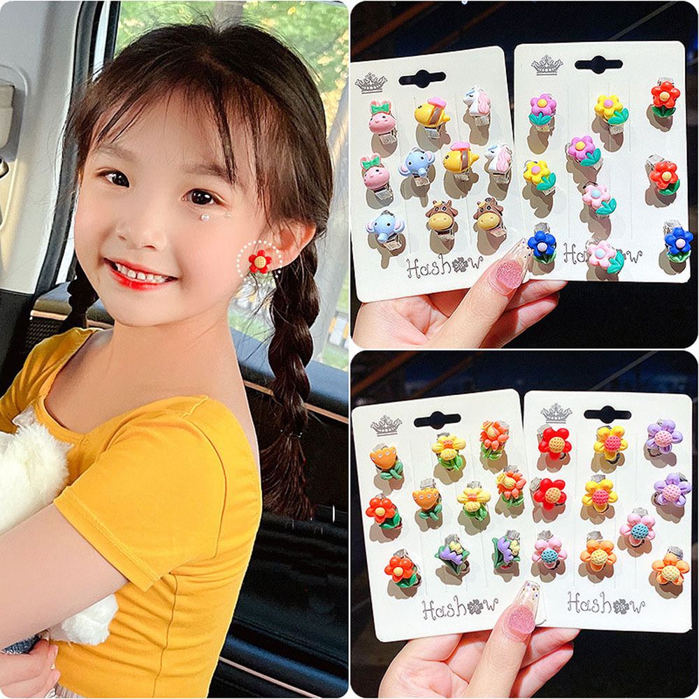 Needway  10pcs / Set Anting Klip On Tanpa Tindik Desain Bunga / Hewan / Buah Untuk Anak Perempuan