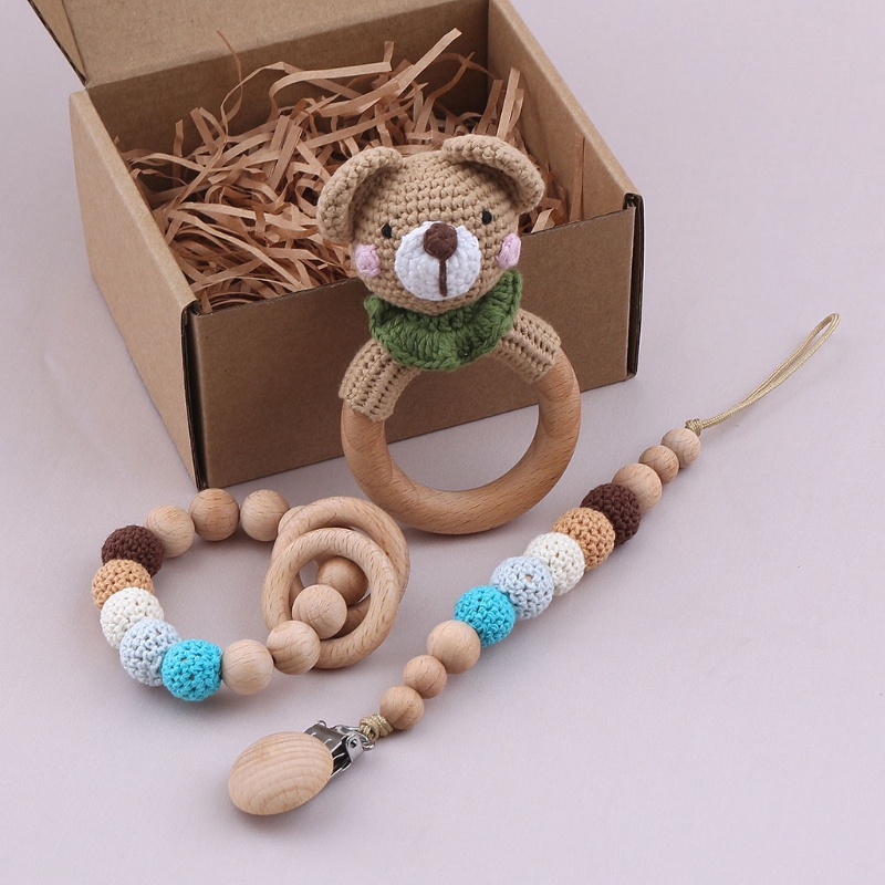 Mary Mainan Rattle Teether Bentuk Hewan Bahan Kayu Untuk Bayi