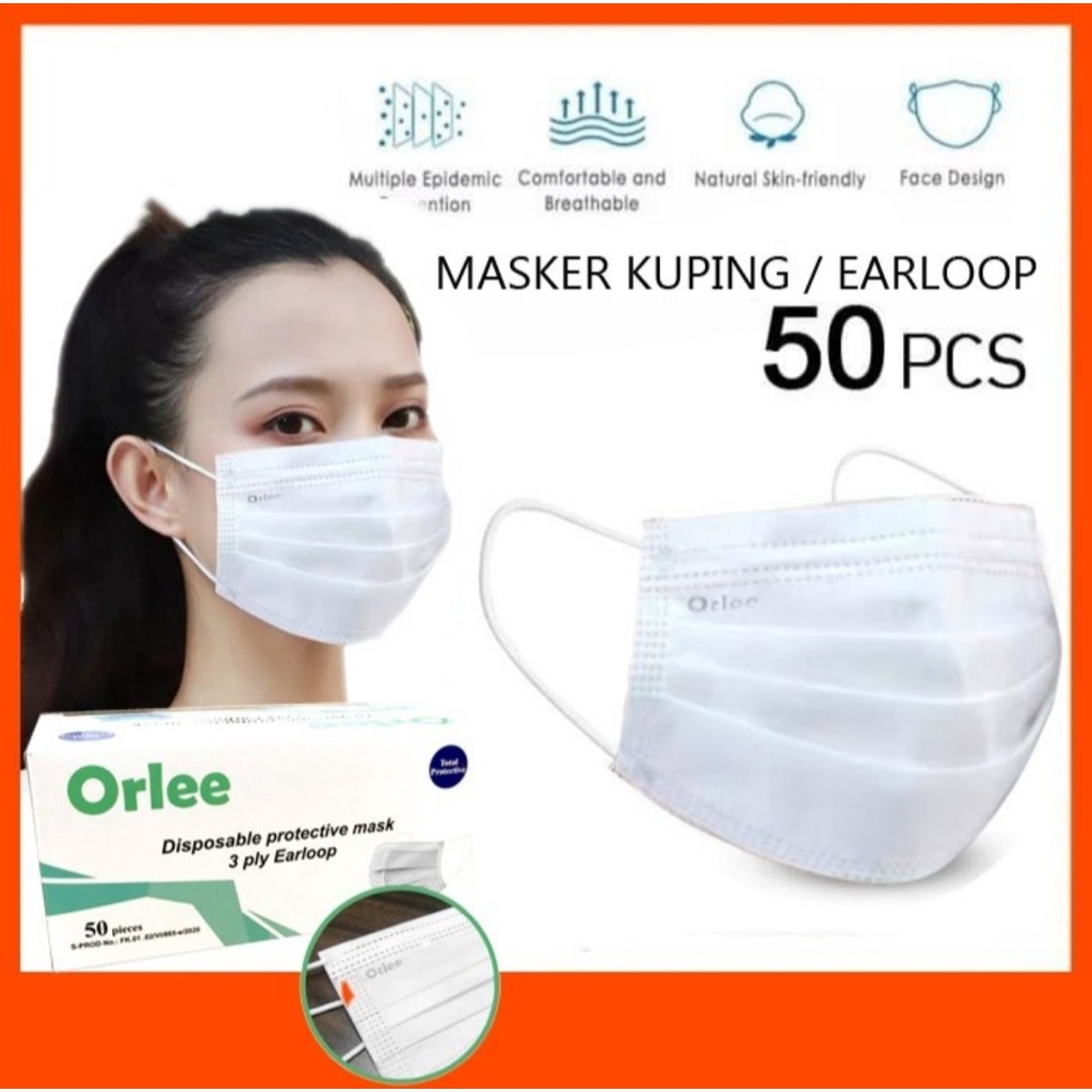 Masker Medis Orlee Putih 3ply isi 50pcs Emboss Premium Tebal Earloop Dewasa Surgical Mask Bedah Whit