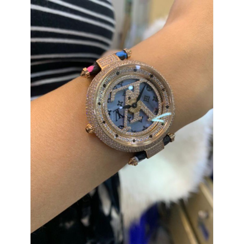 Jam Tangan Louis Vuitton LV Swarovski Diamond Putar Leather Kulit Super Premium Wanita