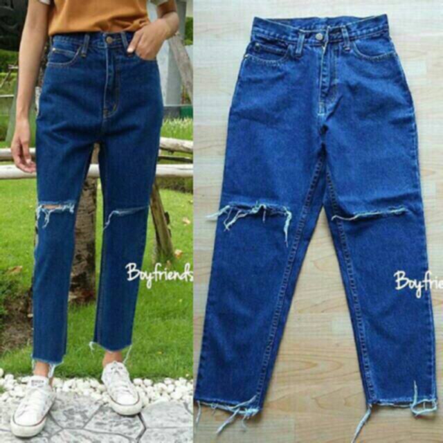 CELANA BOYFRIEND WANITA SOBEK GARIS CELANA PANJANG JEANS SOBEK GARIS