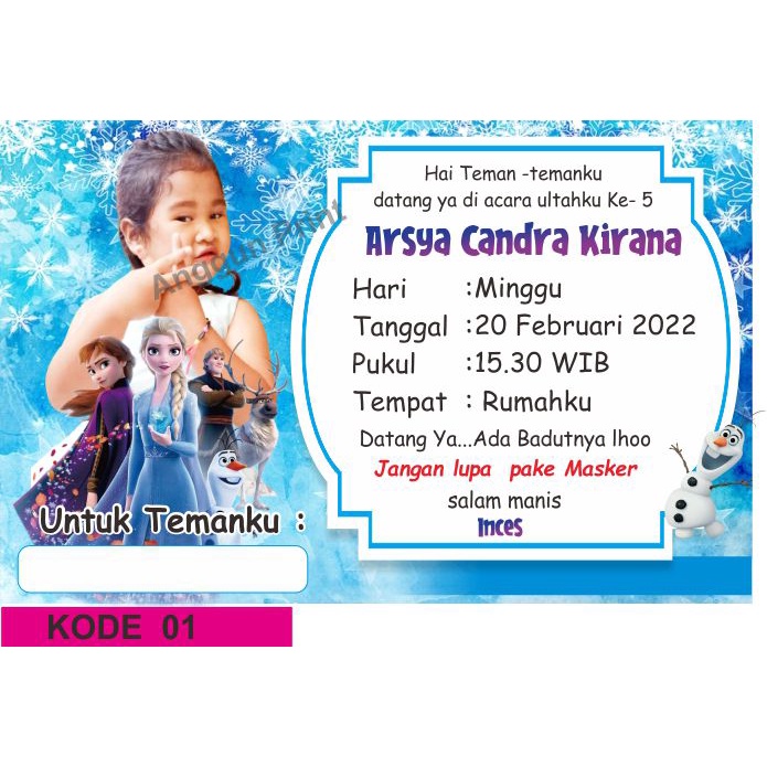 undangan ultah anak custum frozen