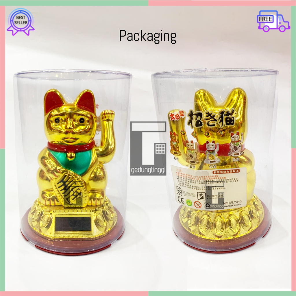 Boneka Patung Hiasan Dekorasi Pajangan Kucing Hoki Keberuntungan Lucky Cat Rejeki Maneki Neko Maneko Neki Emas Gold Tangan Gerak Goyang Baterai Batre Batrai Batrei Non Solar Listrik Jepang Cina China Meja Kasir Toko Size Ukuran Kecil Sedang Medium Besar