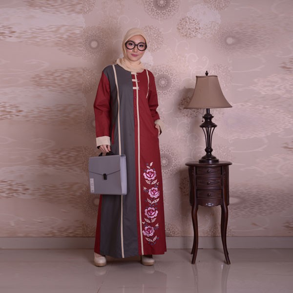 Baju gamis cantik Motif Bordir Bunga Warna Abu-Abu Merah Maron NIBRAS NB 161