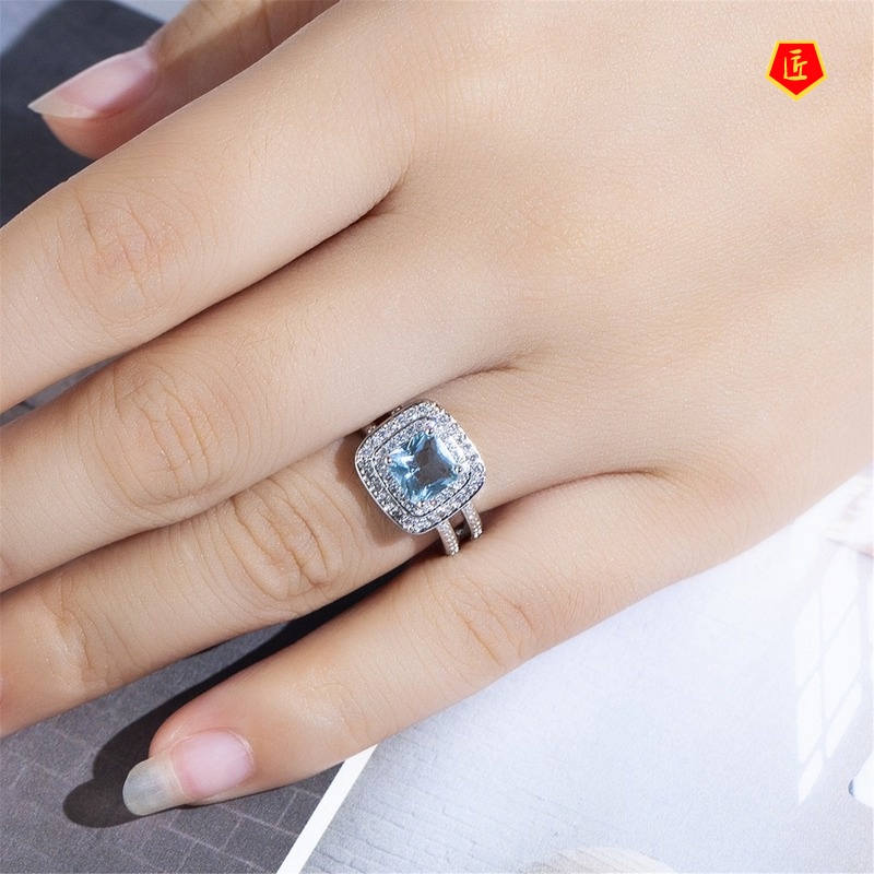 [Ready Stock]Simple Elegant Full Diamond Sea Blue Topaz Ring