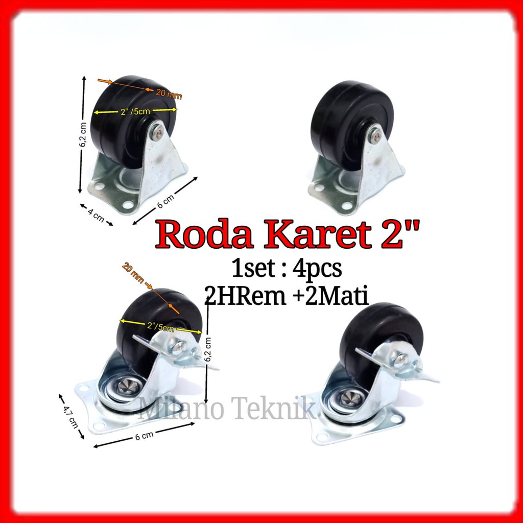 Roda Karet 2&quot; kastor 1set=4pcs 2M+2Hrem etalase lemari Troli 2inch