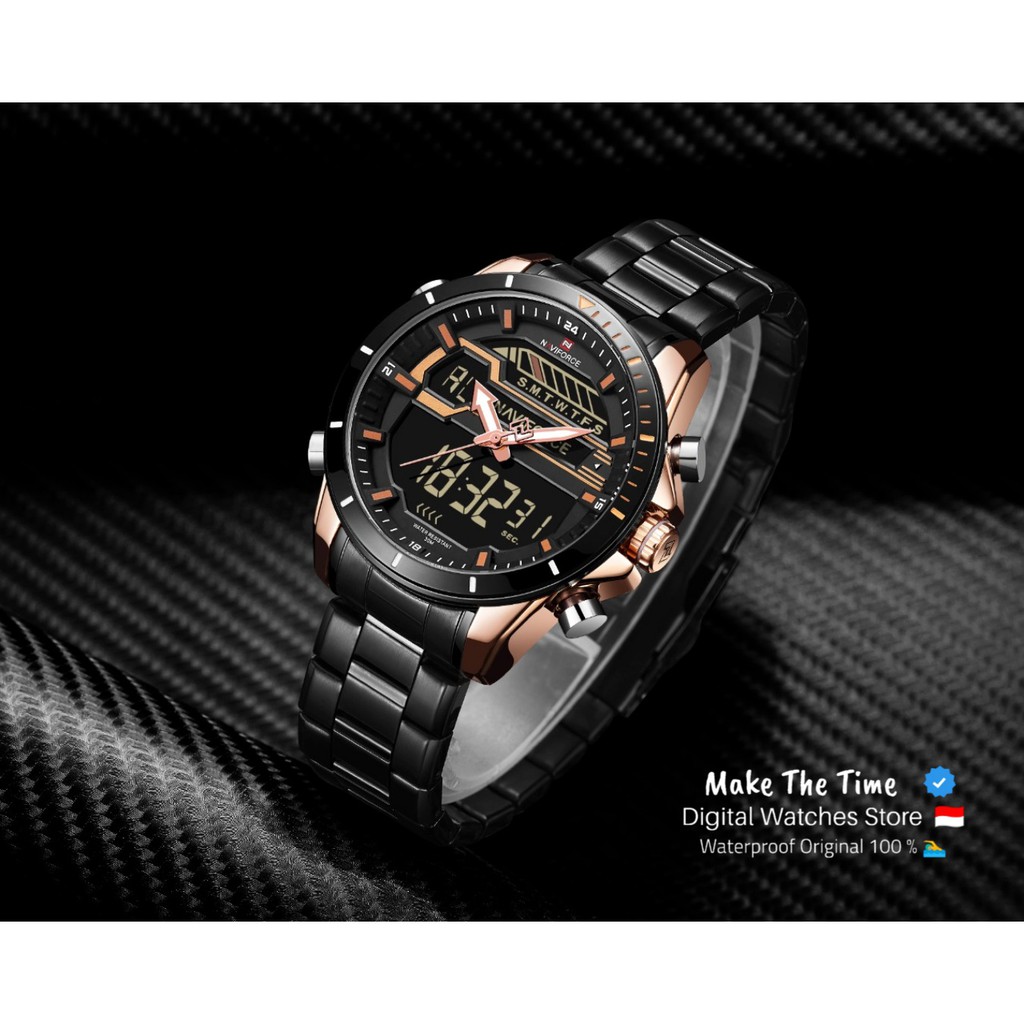 Jam Tangan Pria Naviforce NF9133 Dual Time Rantai Stainless Steel Original Waterproof