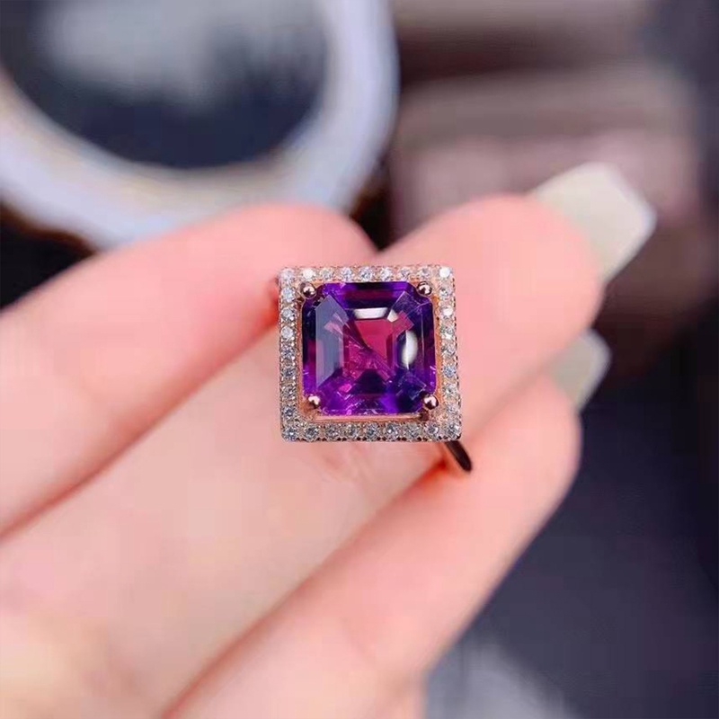 Cincin Wanita Hias Zircon AAA Bentuk Persegi Warna Ungu Gaya Korea Minimalis Untuk Pernikahan