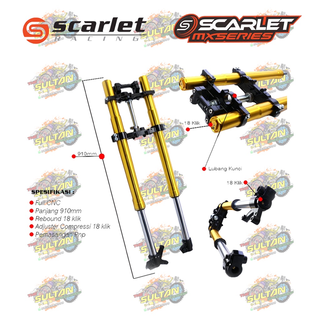 SHOCK DEPAN UPSIDE DOWN DOUBLE ADJUSTER FULL CNC + STANG CRF 150 L SCARLET RACING