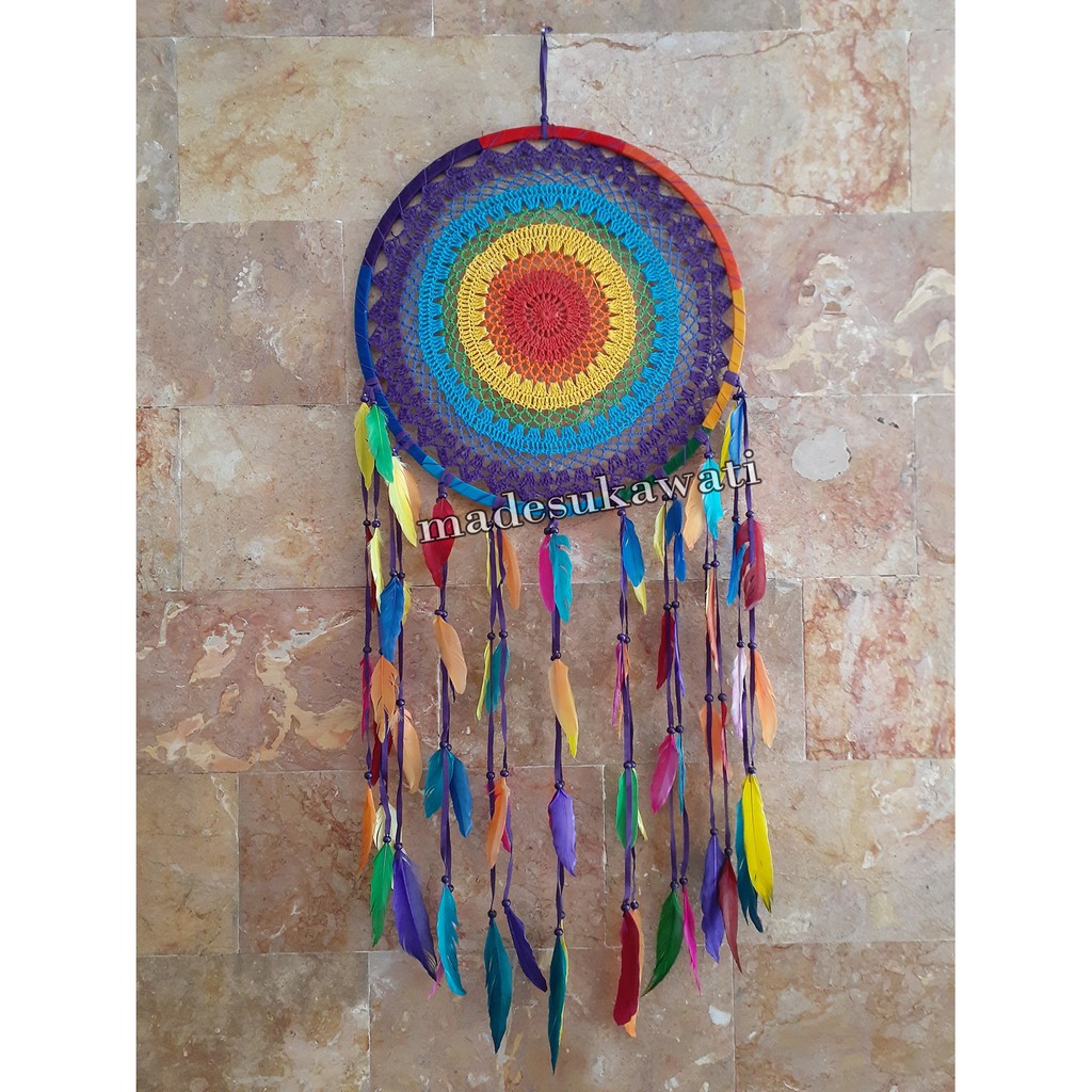 Dream catcher sulam rasta bulu ayam pelangi diameter 42cm